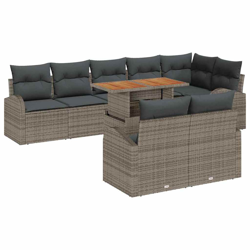 9-piece garden dining set with cushions, grey poly rattan, acacia