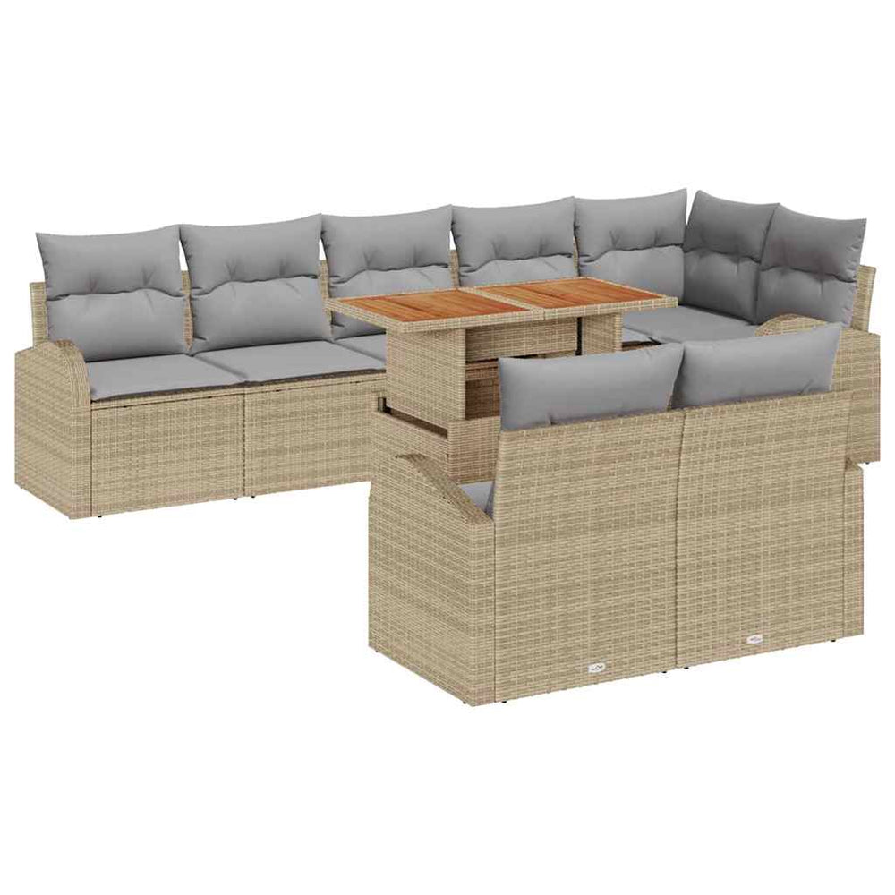 9-piece Garden Dining Set with Cushions, Sand-coloured Poly Rattan and Acacia Wood Table