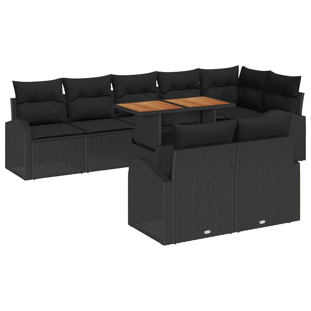 9-piece garden dining set with cushions, black poly rattan, acacia