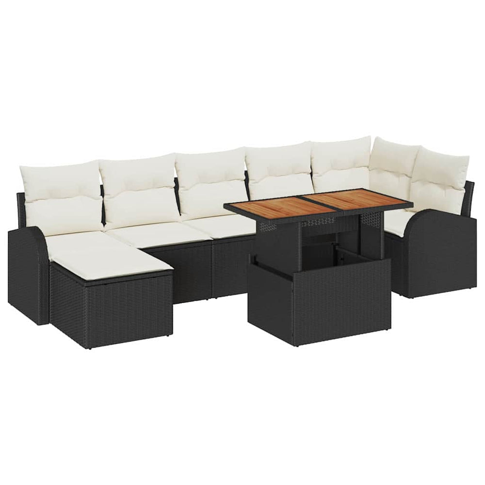 8-piece garden dining set with cushions, black poly rattan, acacia wood