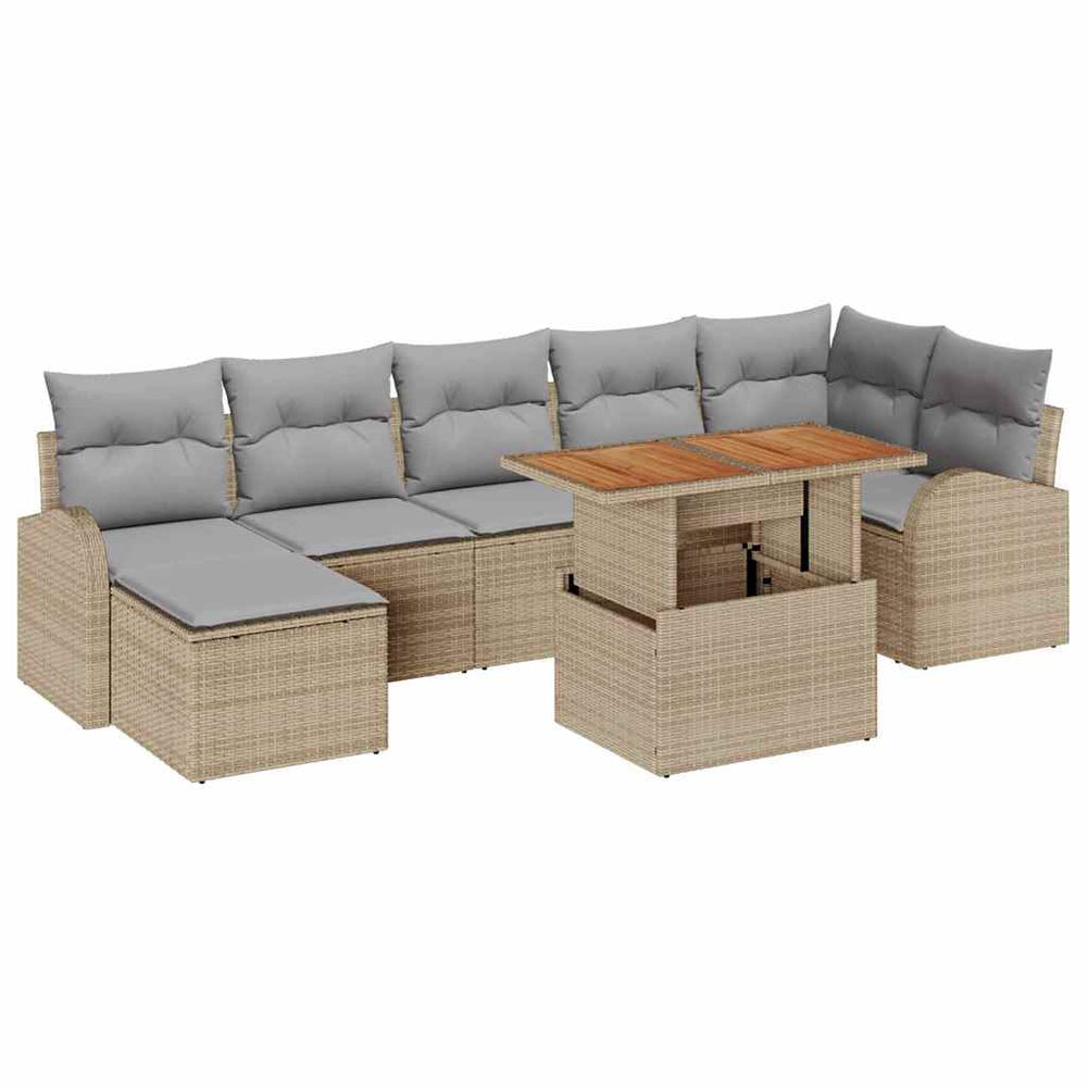 8-piece outdoor dining set with cushions, sand-coloured, poly rattan and acacia wood.
