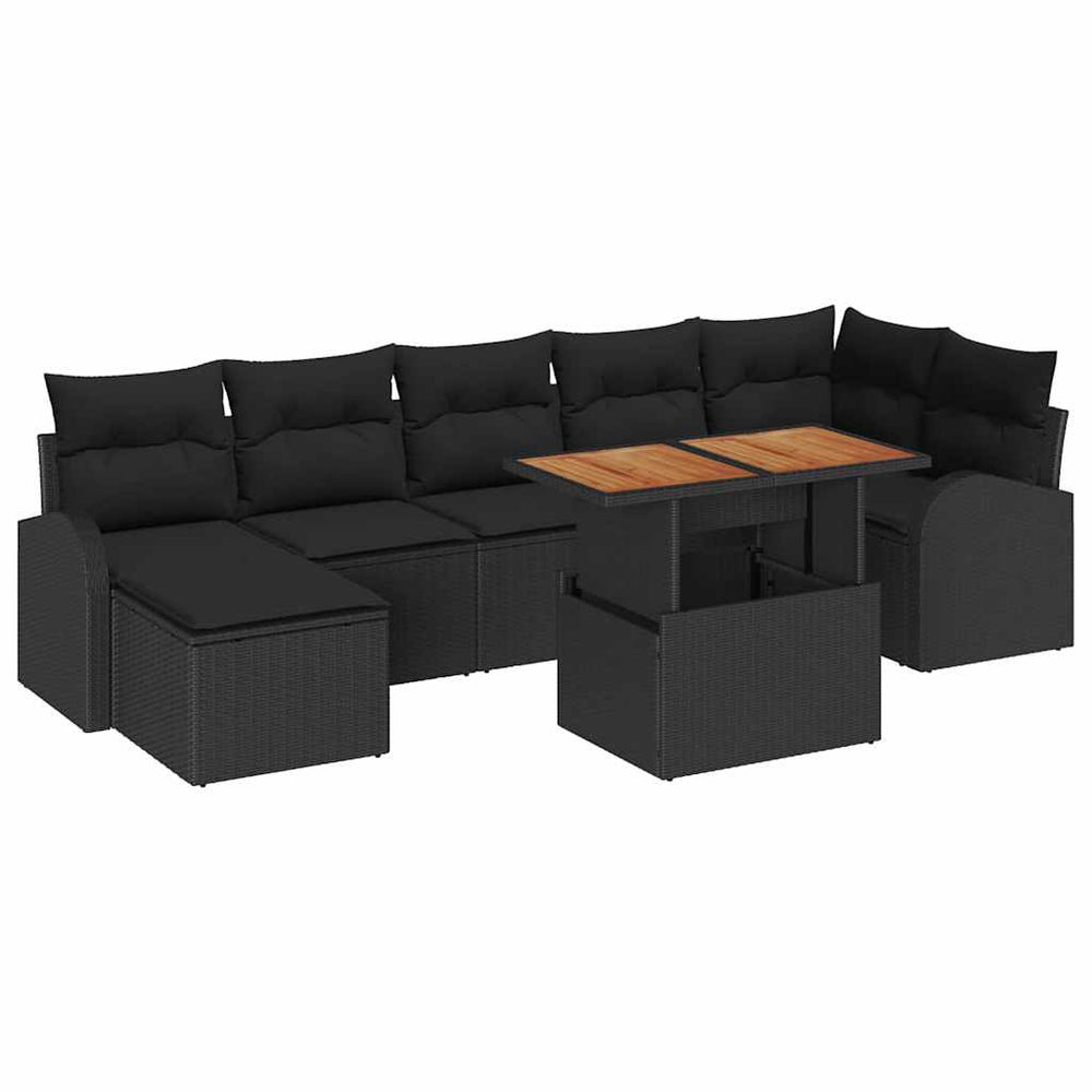 8-piece garden dining set with cushions, black poly rattan, acacia wood