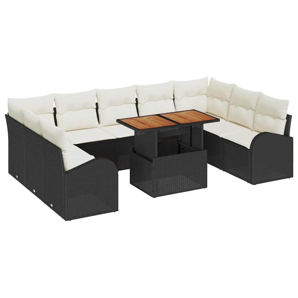 10-Piece Garden Dining Set with Cushions Black Poly Rattan Acacia