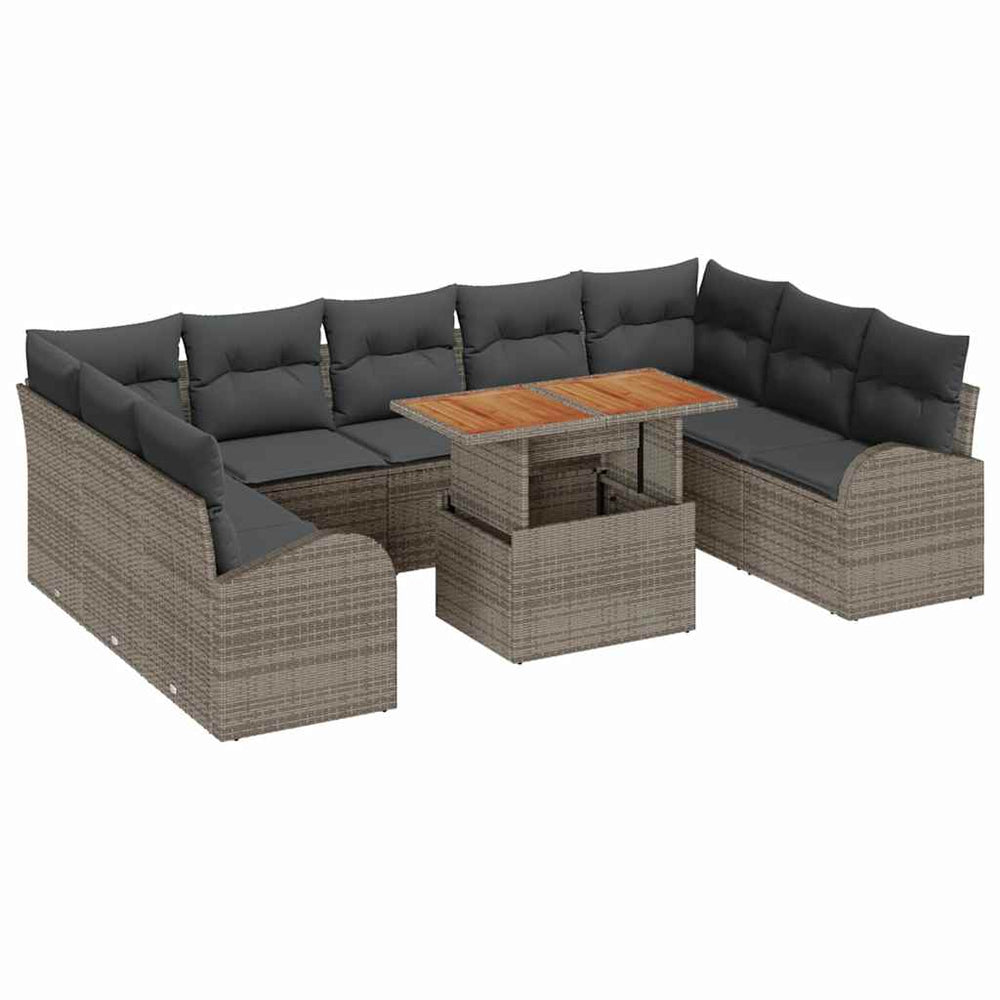 10-piece garden dining set with cushions grey poly rattan acacia