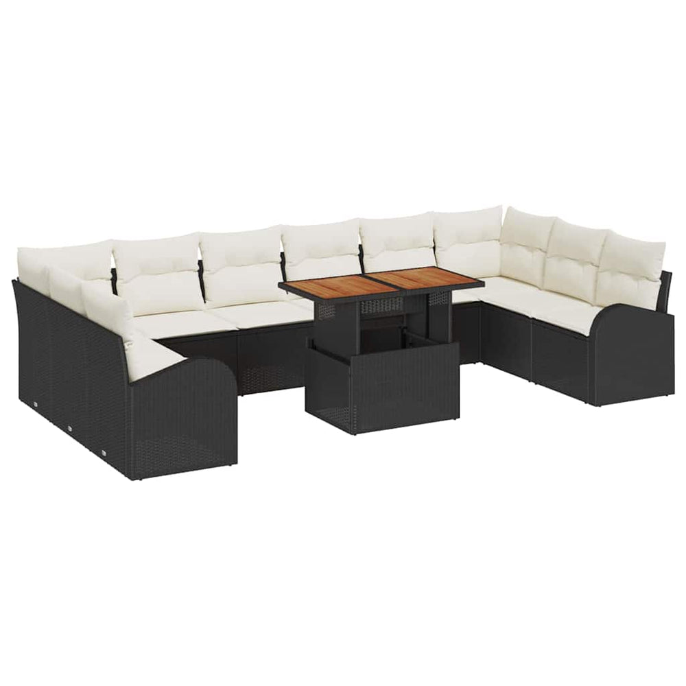 11-Piece Garden Dining Set with Cushions Black Poly Rattan Acacia