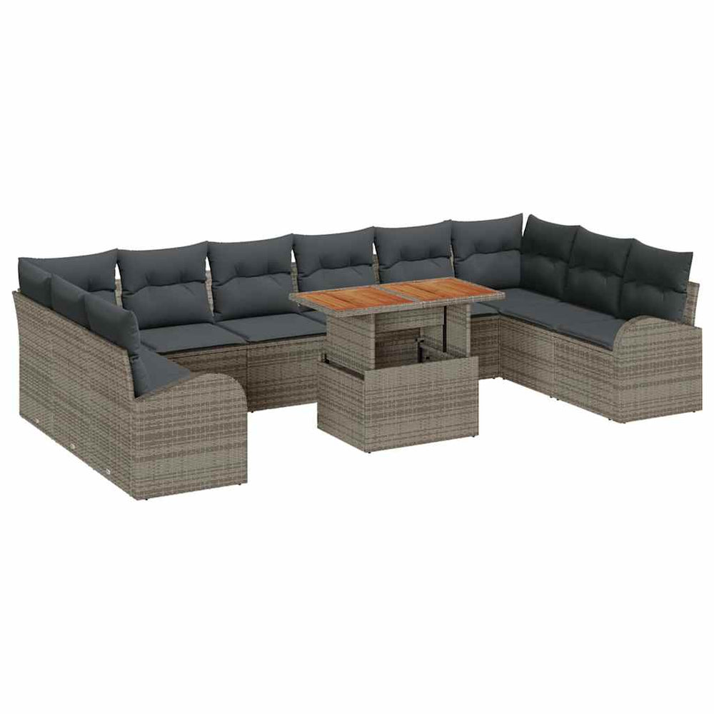 11-piece garden dining set with cushions grey poly rattan acacia