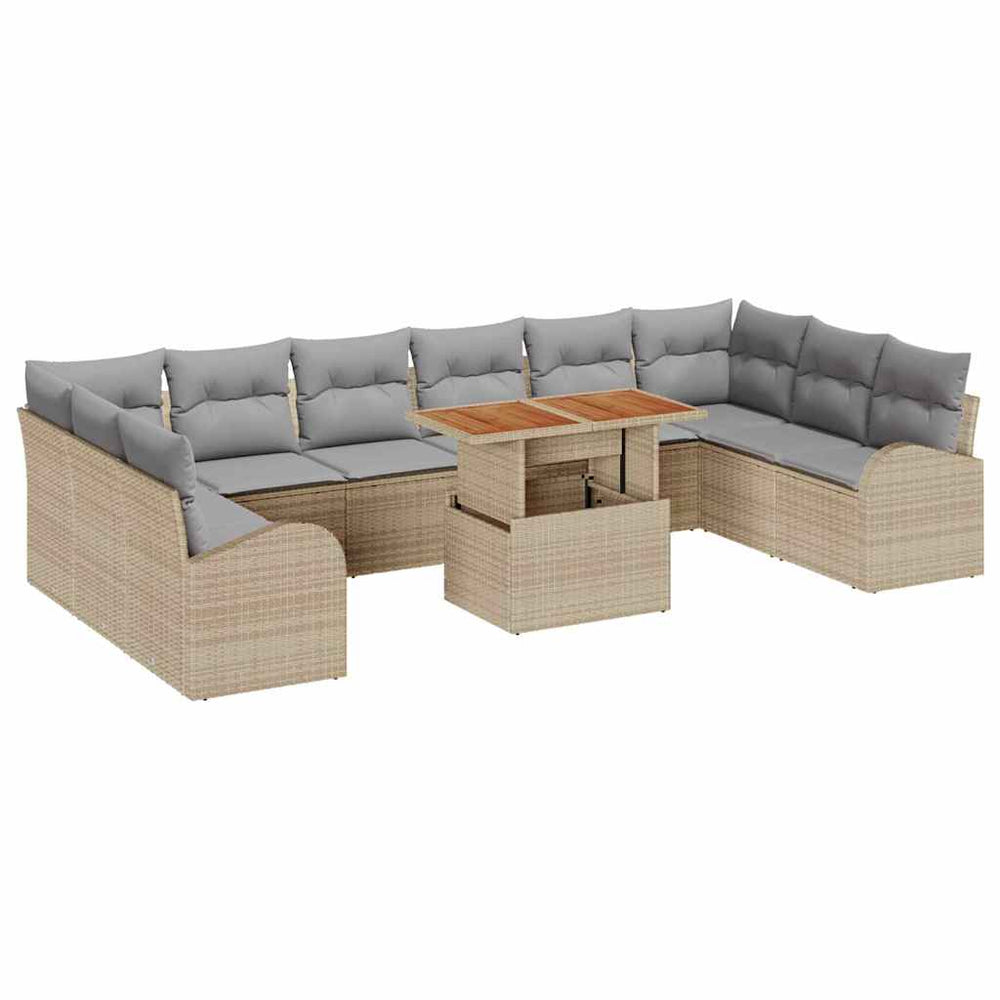 11-piece garden dining set with cushions sand poly rattan acacia