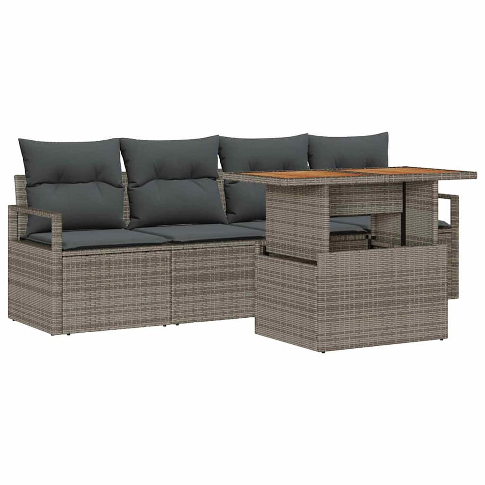 5 Piece Garden Sofa Set with Cushions Grey Poly Rattan Acacia