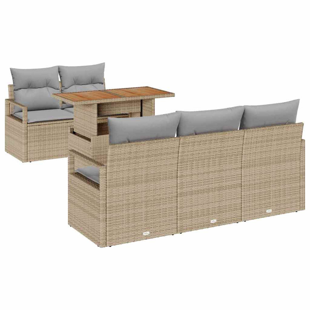 6-piece garden sofa set with cushions, beige, poly rattan and acacia wood.