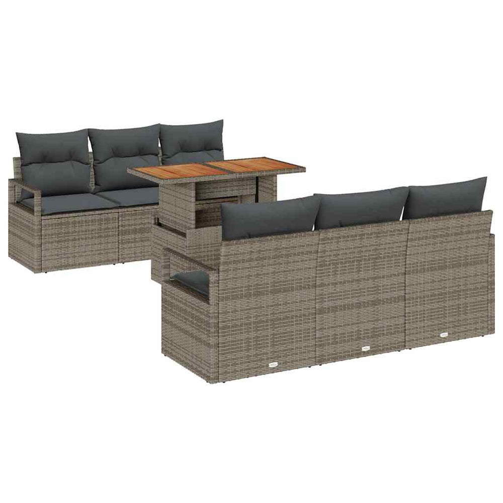 7-piece garden sofa set with cushions, grey poly rattan and acacia