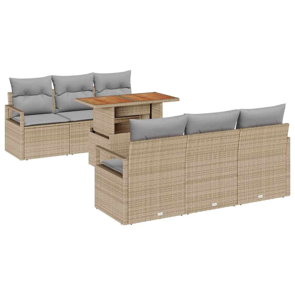7-Piece Garden Sofa Set with Cushions, Sand Poly Rattan, Acacia
