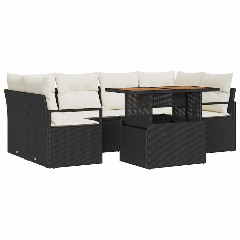 7-piece sofa set with cushions, black poly rattan, acacia.
