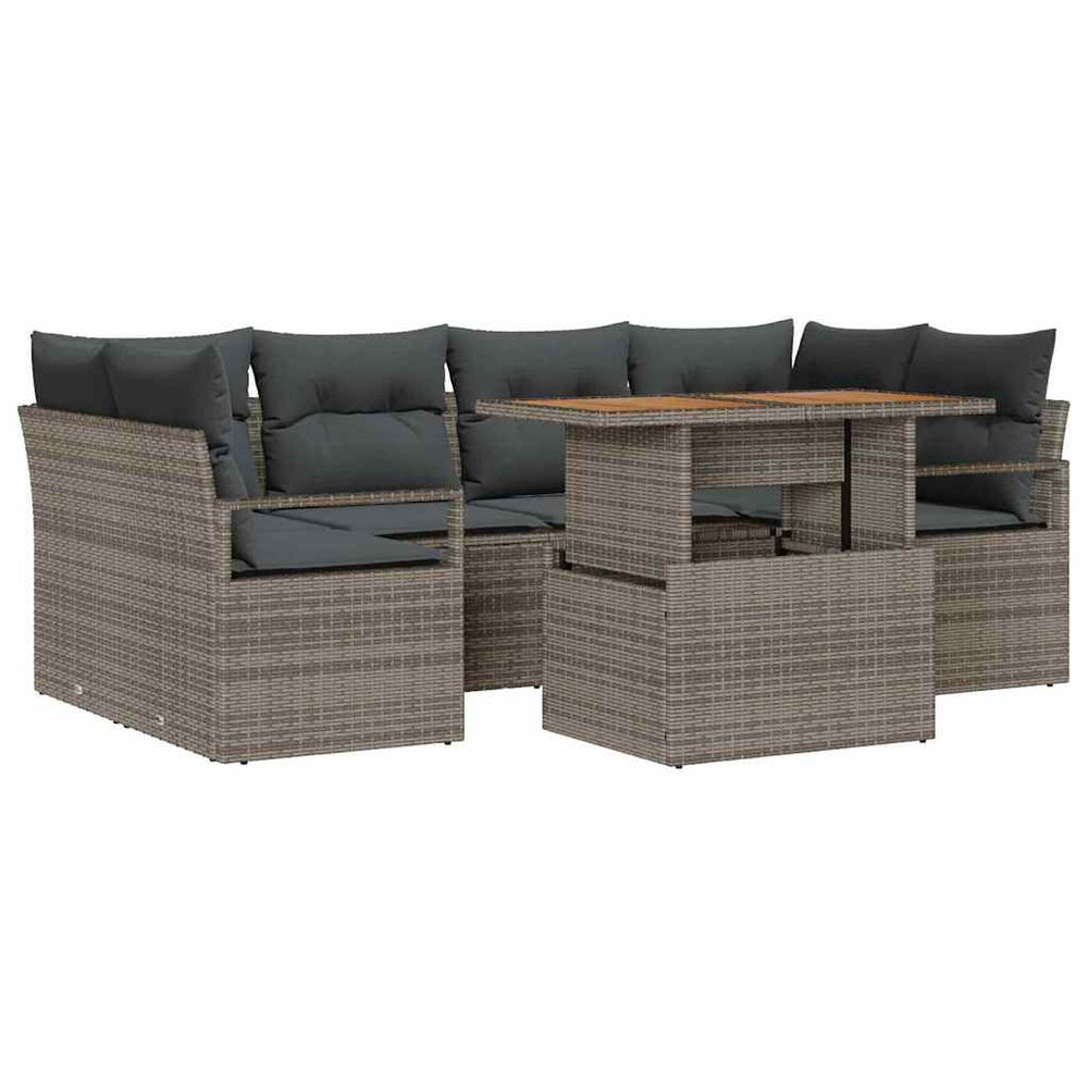 7-piece garden sofa set with cushions, grey, poly rattan, acacia wood