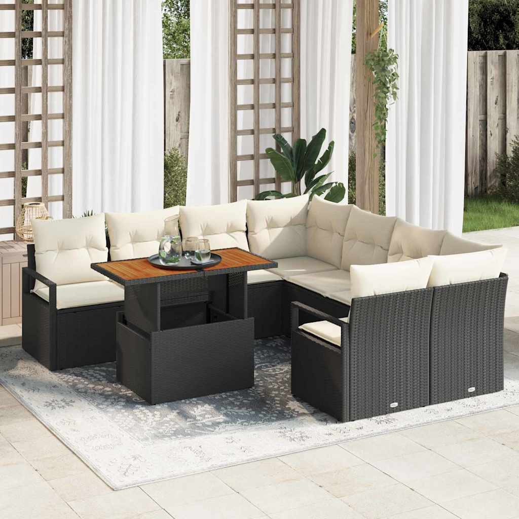 Garden Sofa Set with Cushions 9 pcs Black and Cream Large