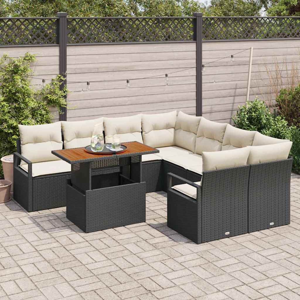 Garden Sofa Set with Cushions 9 pcs Black and Cream Large