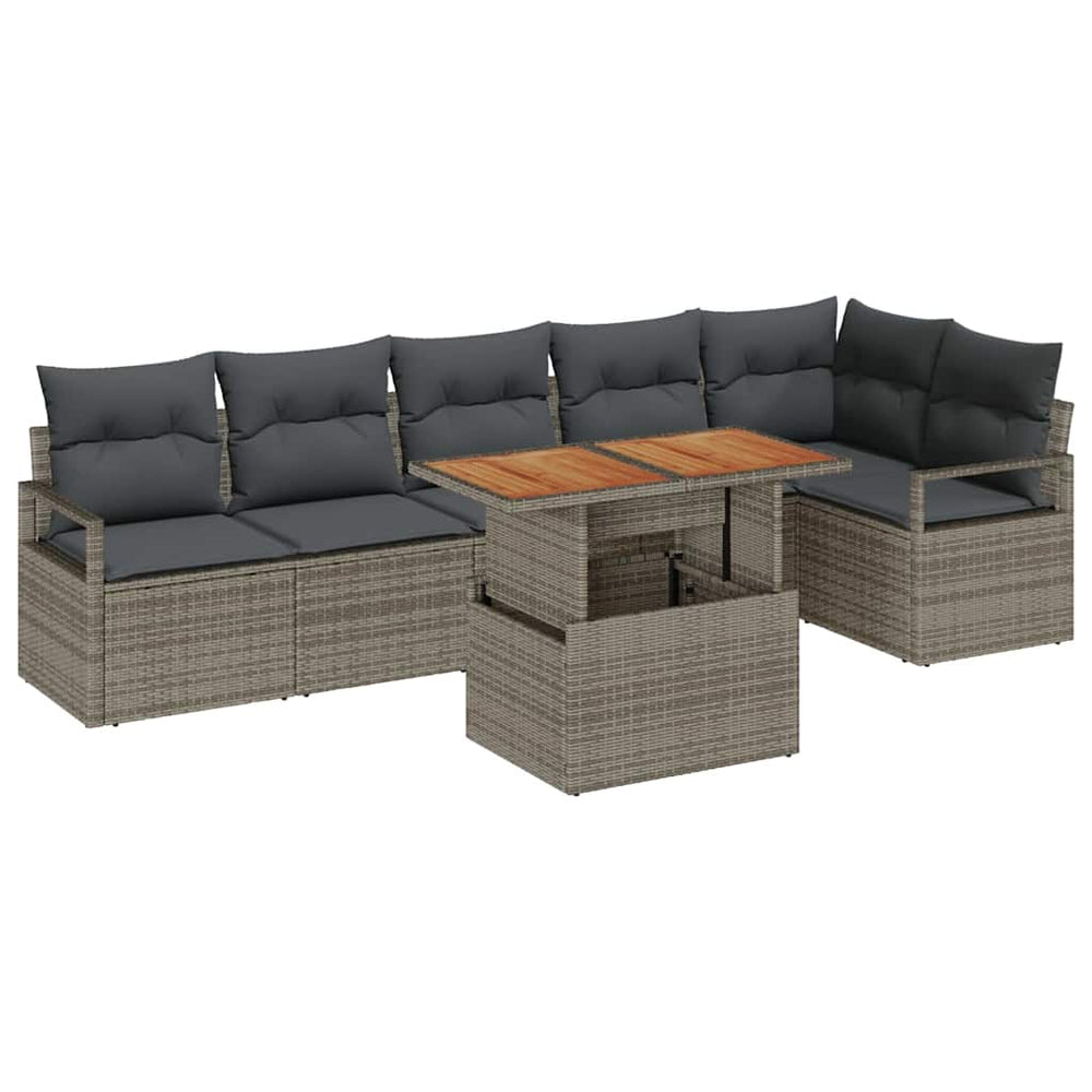 7 Piece Garden Sofa Set with Cushions in Grey Poly Rattan Acacia