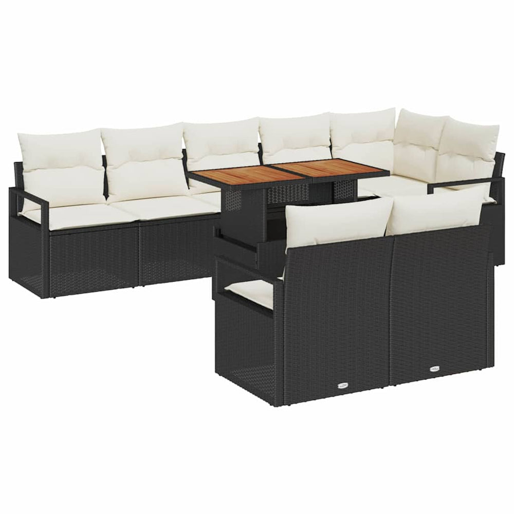 9-Piece Garden Sofa Set with Cushions Black Poly Rattan Acacia