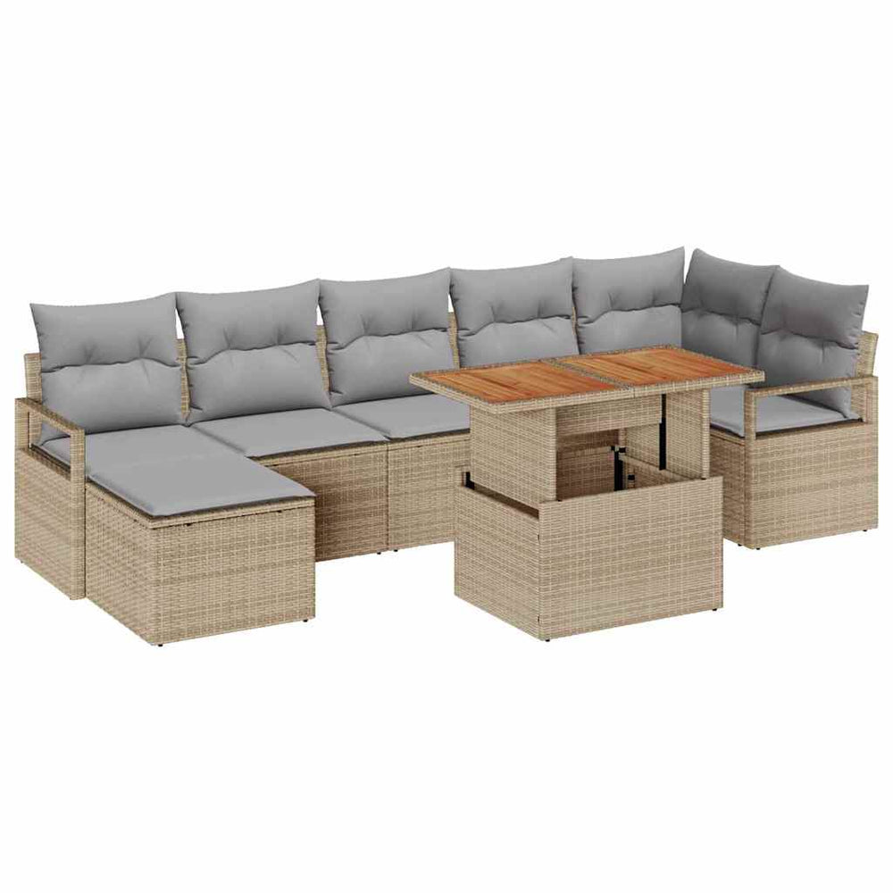 8-piece Garden Sofa Set with Cushions, Sand Poly Rattan Acacia