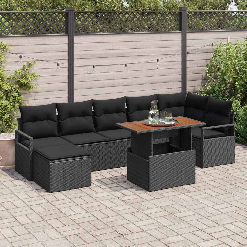 8 dalių sodinė sofa su pagalvėlėm, juoda, poli ratanas, akacijos.
