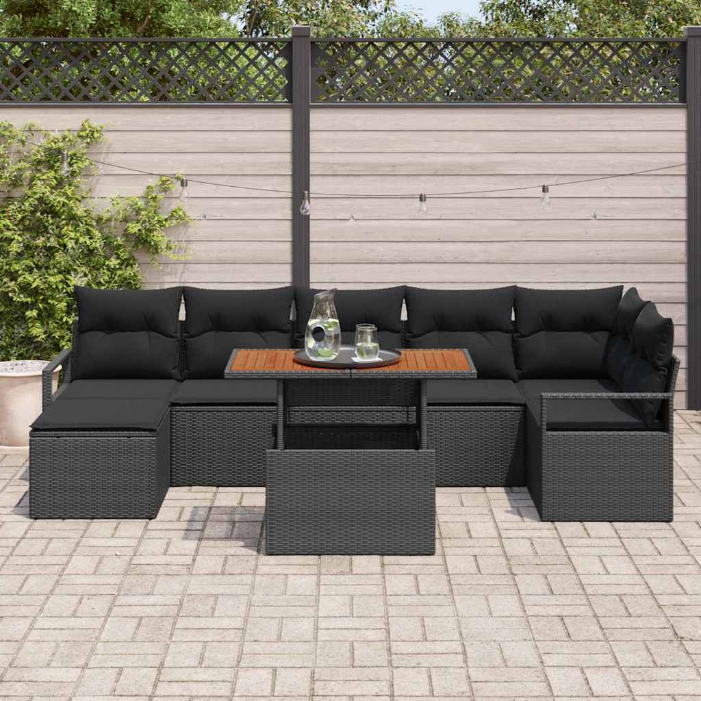 8 dalių sodinė sofa su pagalvėlėm, juoda, poli ratanas, akacijos.
