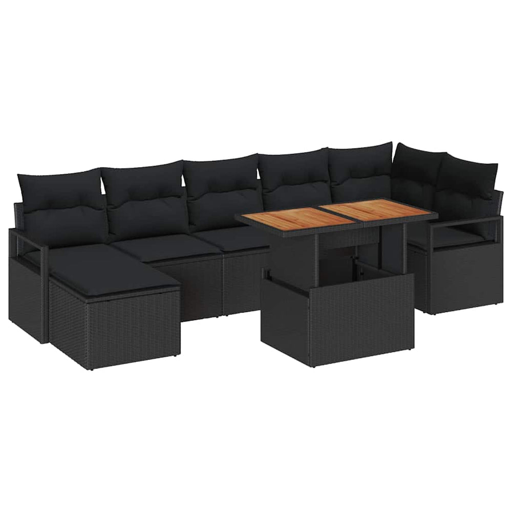 8-piece garden lounge set with cushions, black, poly rattan, acacia.