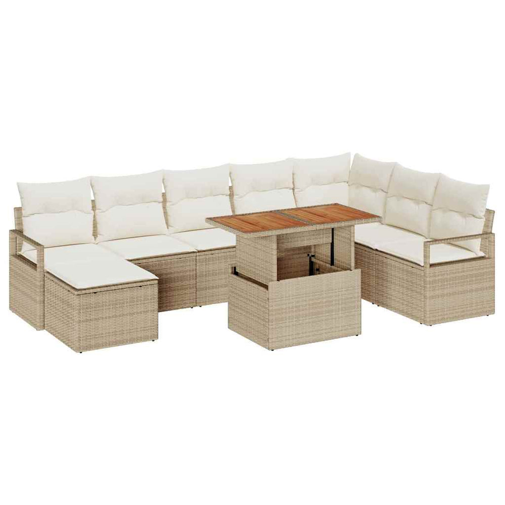 9-piece garden sofa set with cushions, sand, poly rattan, acacia