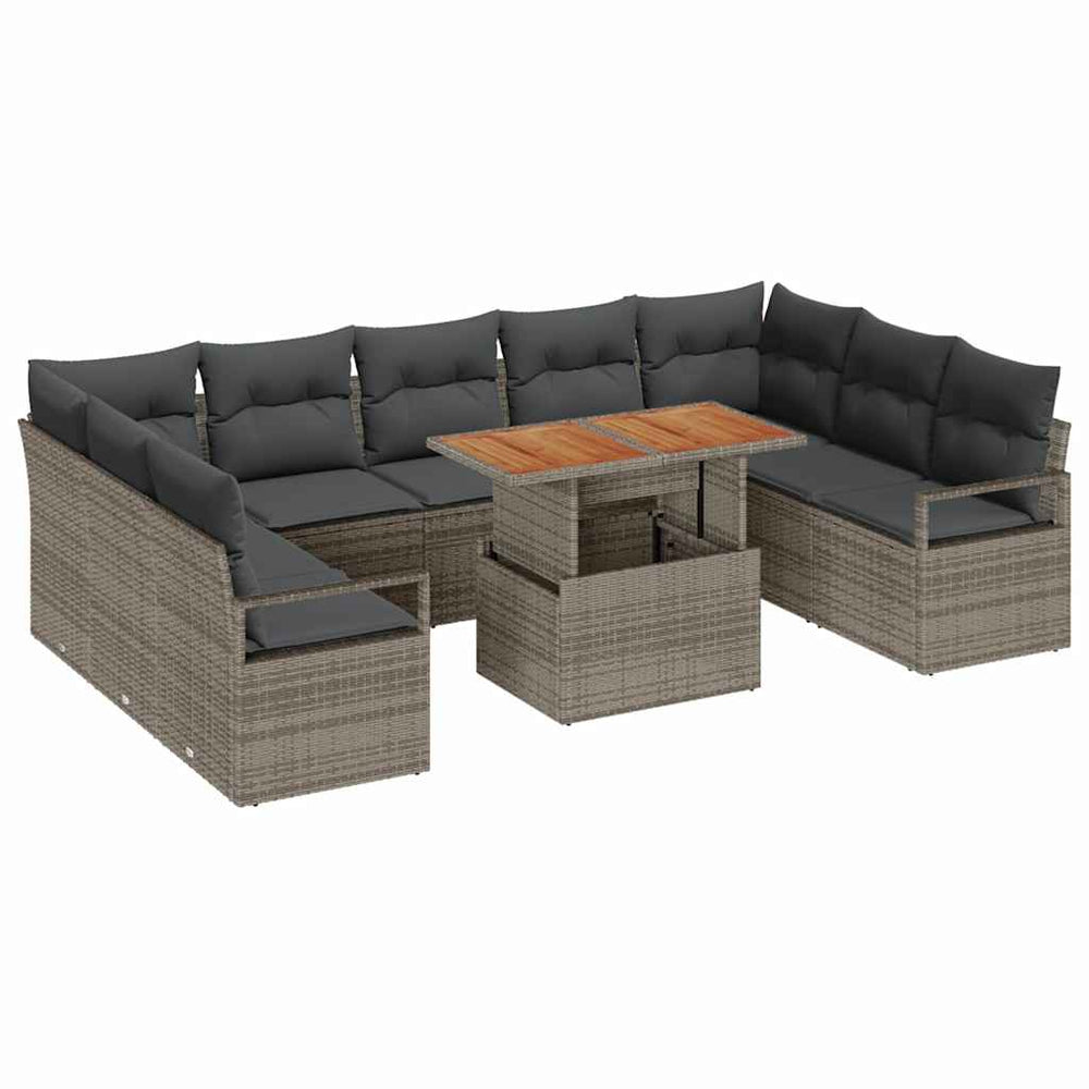10-piece sofa set with cushions, grey, made of poly rattan and acacia wood