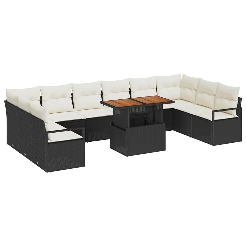 11-Piece Garden Sofa Set with Cushions Black Poly Rattan Acacia