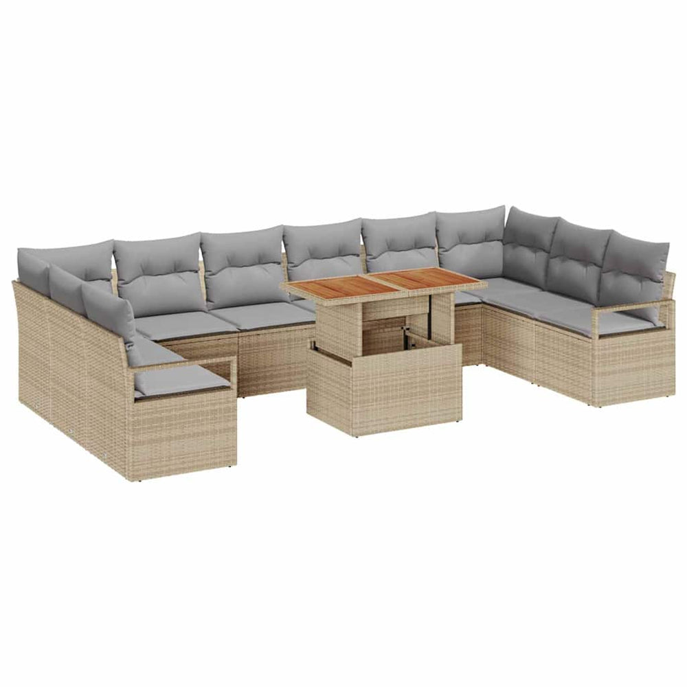 11-Piece Garden Sofa Set with Cushions, Beige Poly Rattan, Acacia