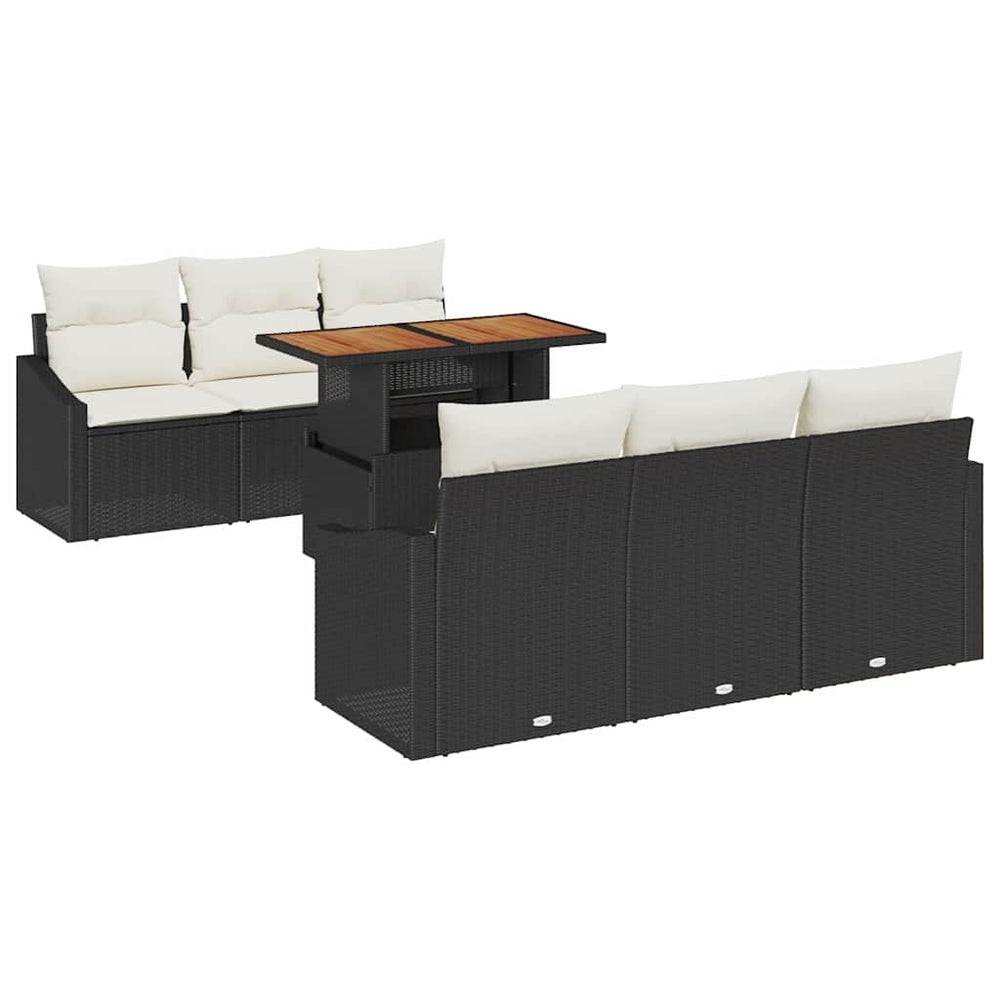 7-piece garden dining set with cushions, black poly rattan and acacia