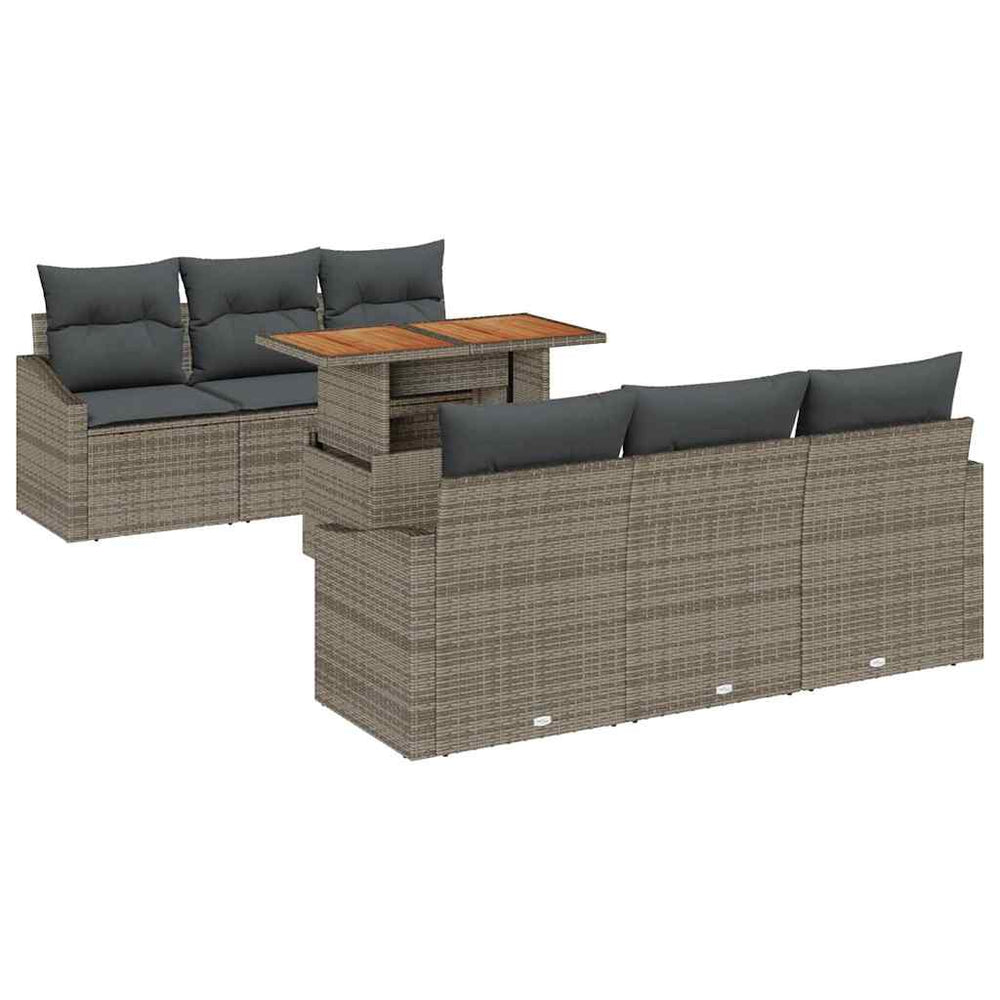 7-piece polyrattan acacia garden dining set with grey cushions