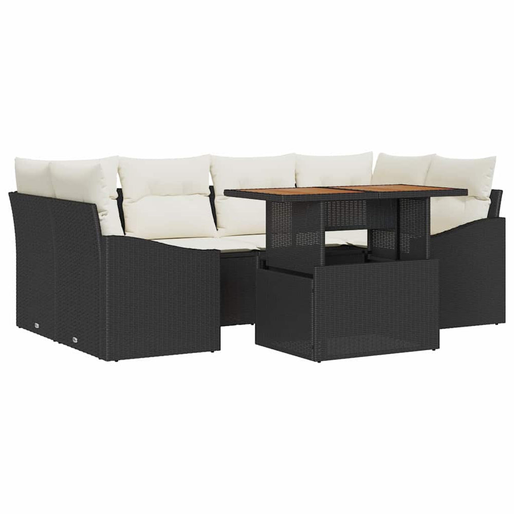 7-piece garden dining set with cushions, black poly rattan, acacia