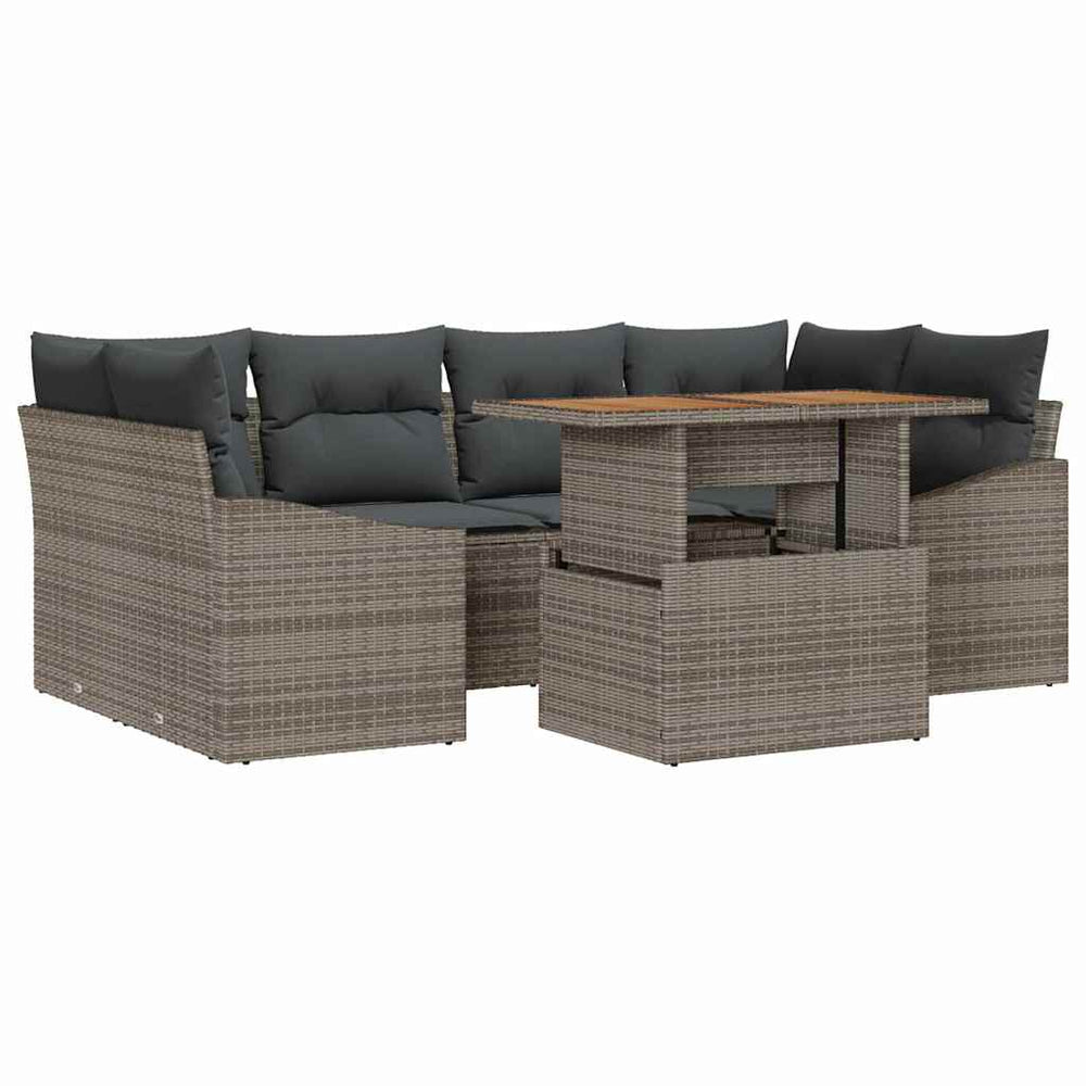 7-piece Garden Dining Set with Cushions, Grey Poly Rattan, Acacia