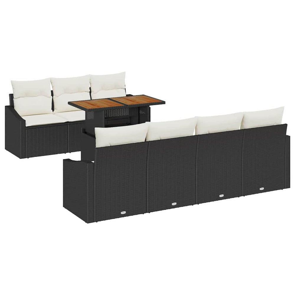 8-piece Garden Dining Set with Cushions Black Poly Rattan Acacia
