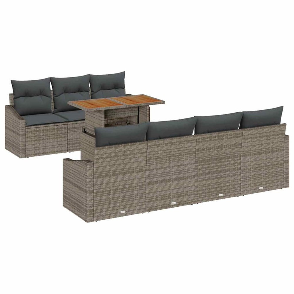 8-piece Garden Dining Set with Cushions, Grey, Poly Rattan, Acacia
