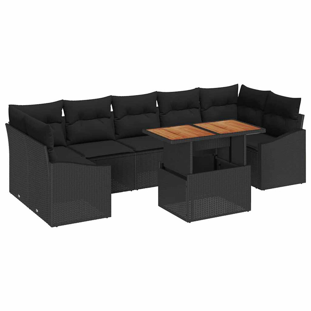 8-piece Garden Dining Set with Cushions Black Poly Rattan Acacia