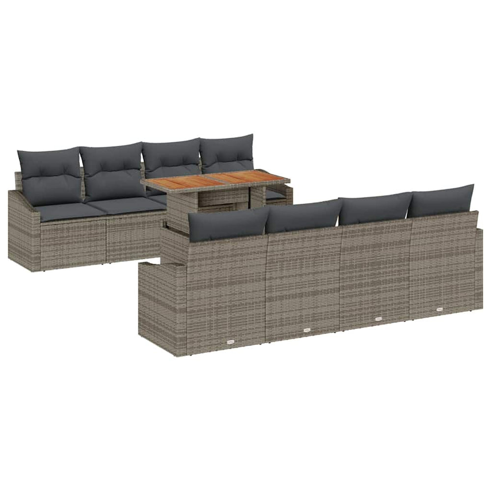 9-piece garden dining set with grey cushions, poly rattan and acacia