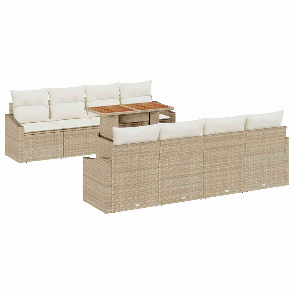 9-piece garden dining set with cushions, sand, poly rattan acacia