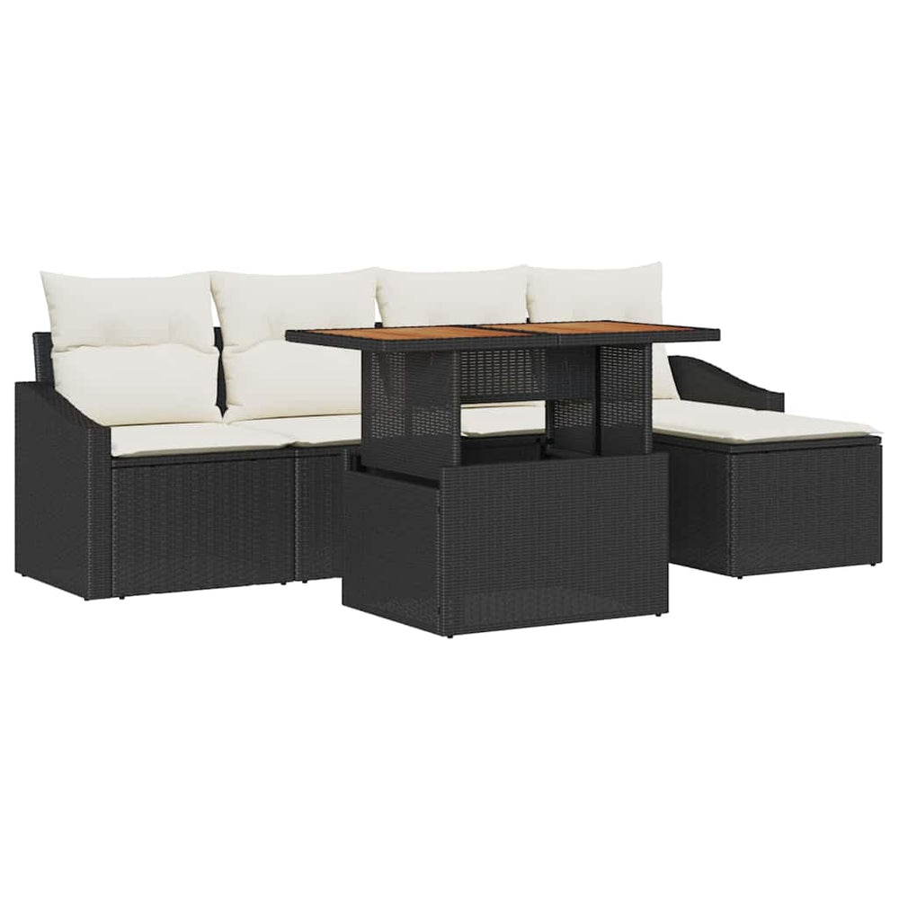 6-piece garden dining set with cushions, black poly rattan and acacia wood