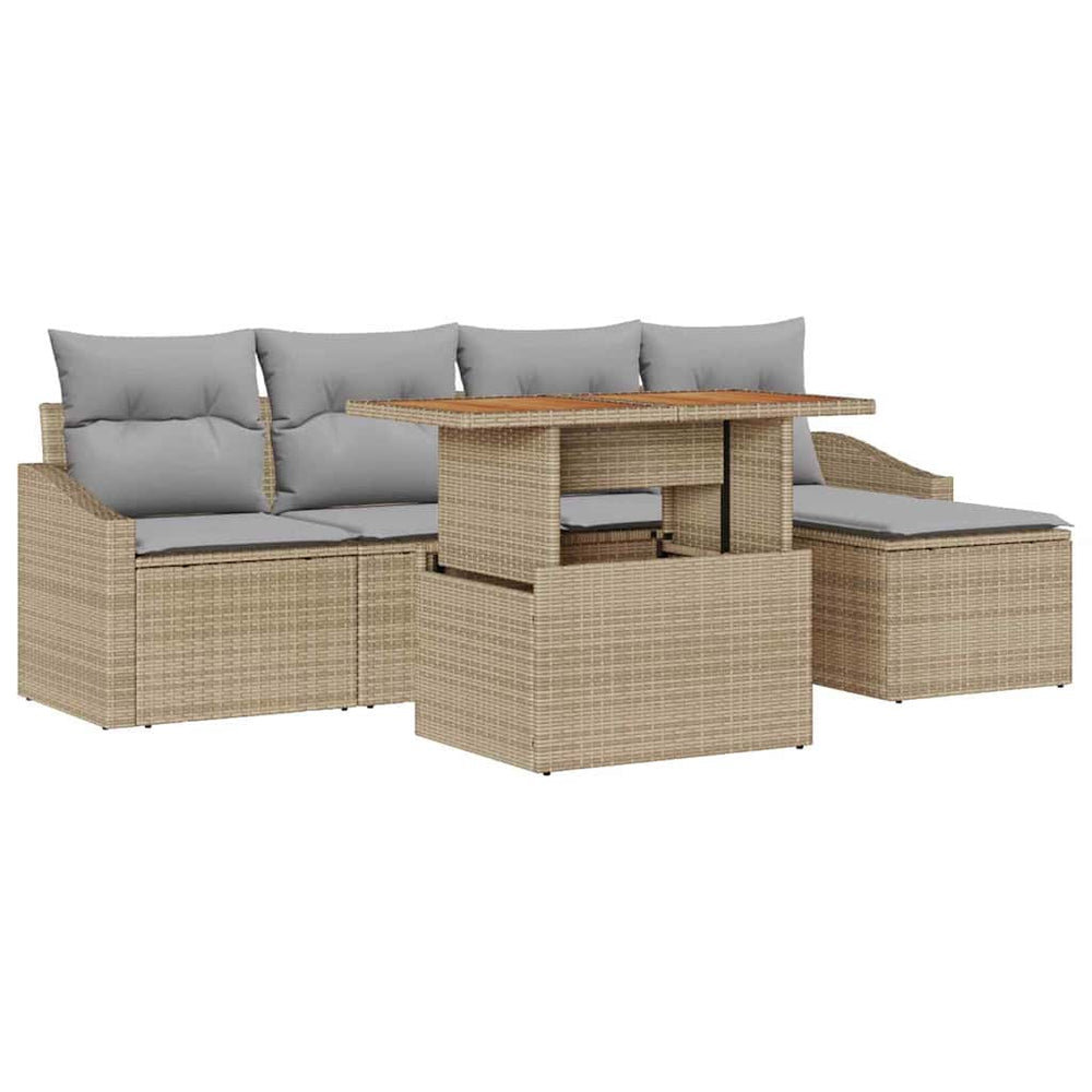 6-Piece Outdoor Dining Set with Cushions, Sand Poly Rattan, Acacia