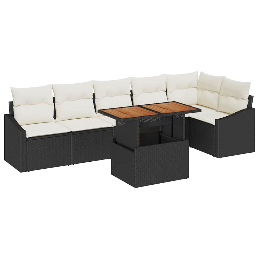7-piece garden dining set with cushions, black poly rattan, acacia