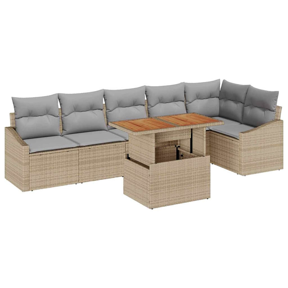7-piece garden dining set with cushions in sand-colored poly rattan