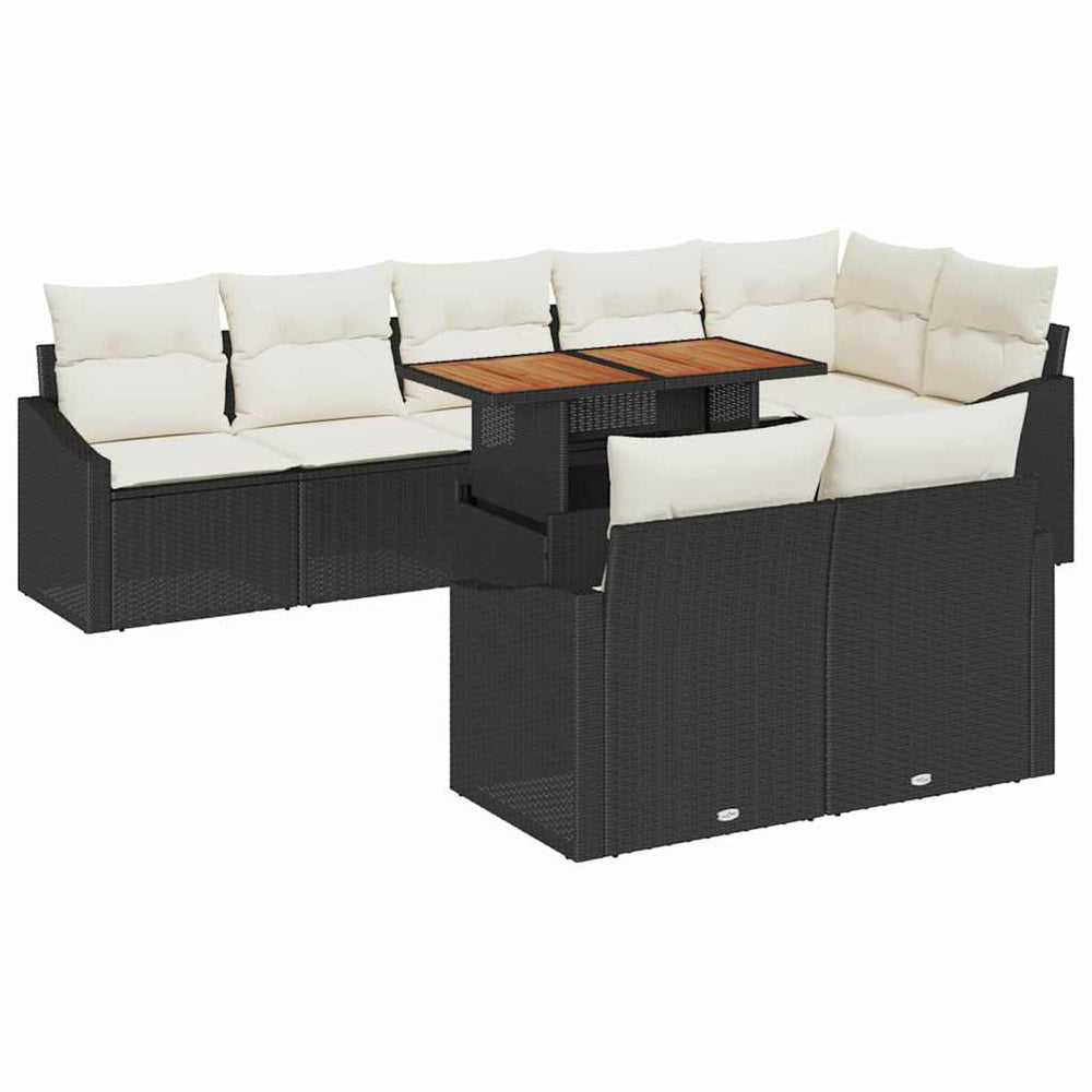 9-piece Garden Dining Set with Cushions Black Poly Rattan Acacia