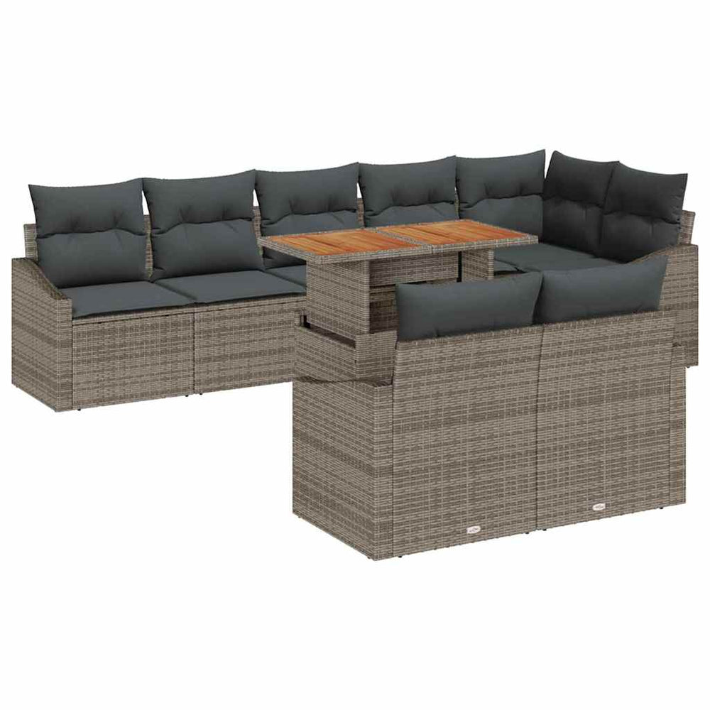 9-piece Garden Dining Set with Cushions, Grey Poly Rattan, Acacia Wood