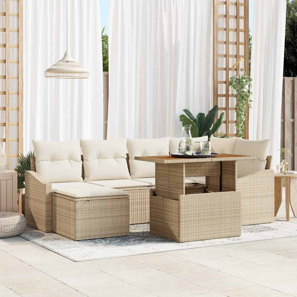 7 dalių sodo valgomojo komplektas su pagalvėlėmis smėlio spalvos poli rattan akacijos