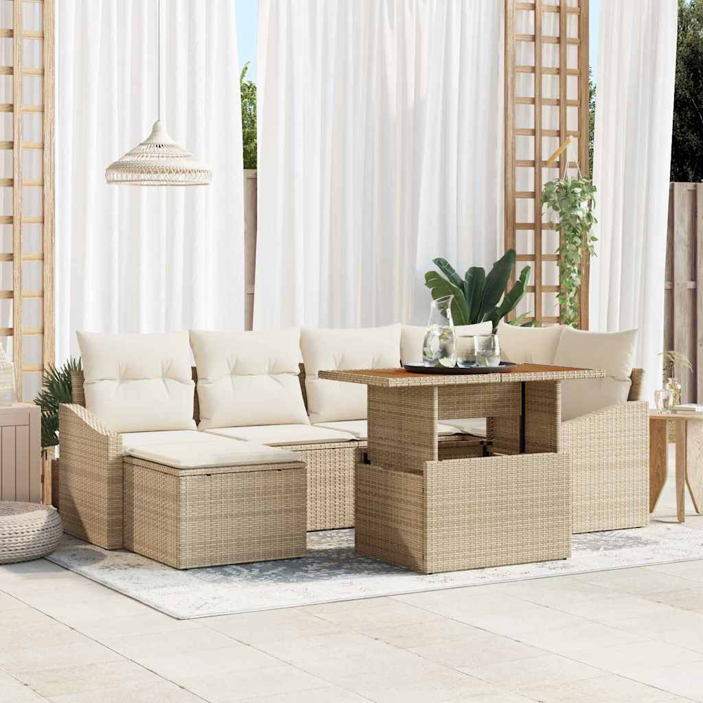 7 dalių sodo valgomojo komplektas su pagalvėlėmis smėlio spalvos poli rattan akacijos