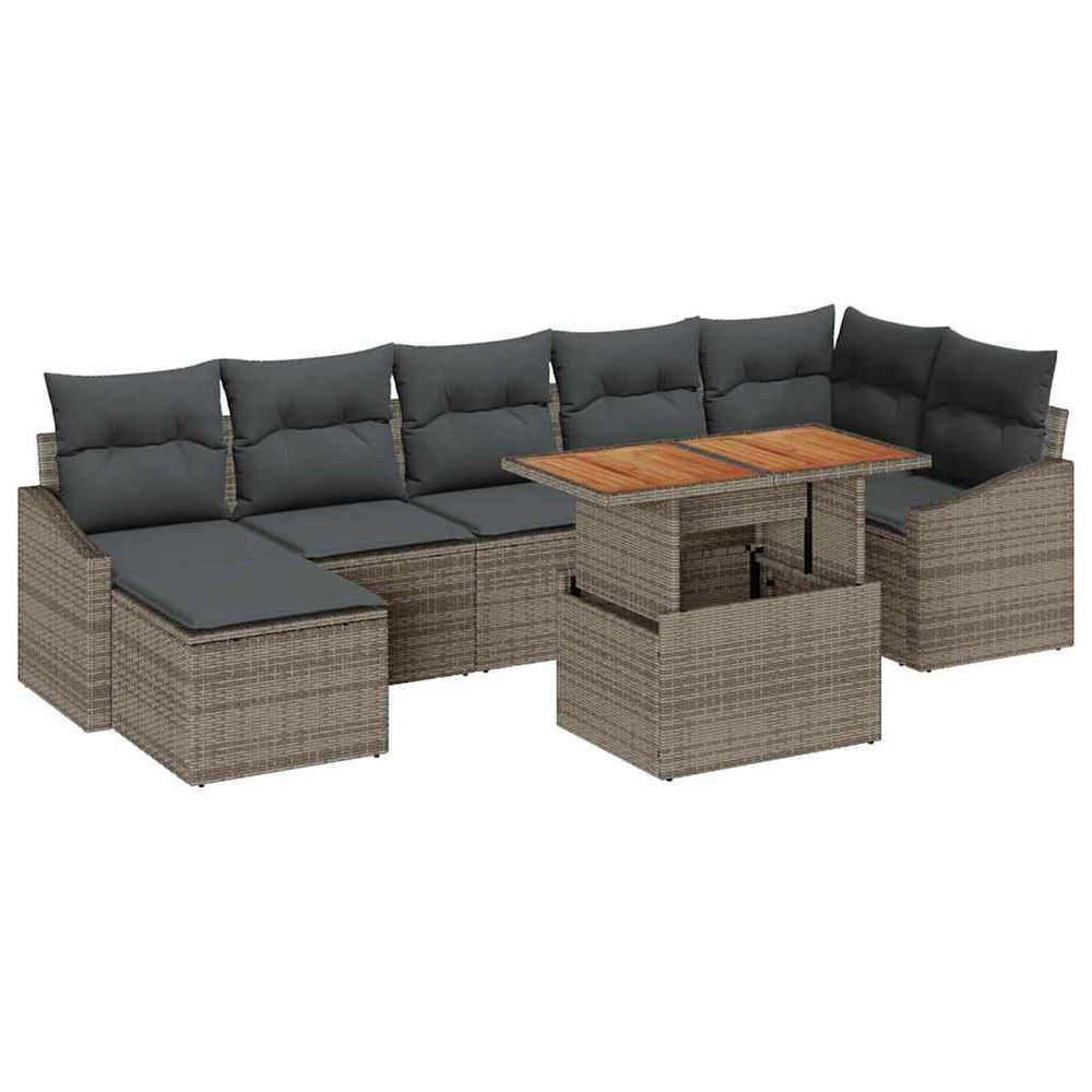 8-piece garden dining set with cushions, grey, poly rattan, acacia