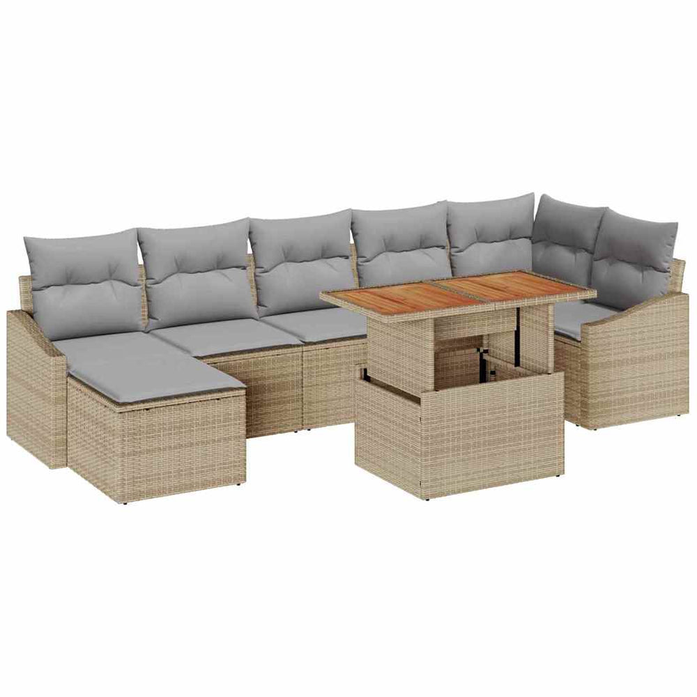 8-piece garden dining set with cushions, sand poly rattan, acacia wood