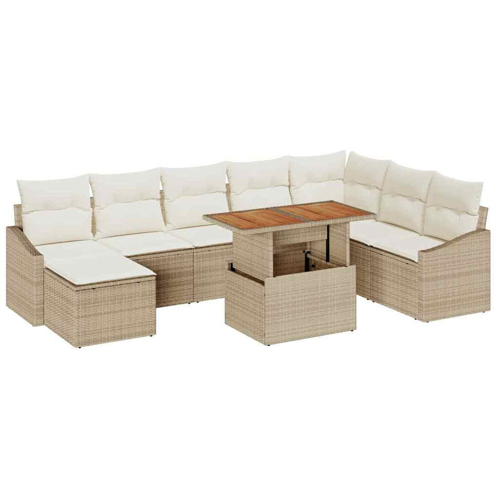 9-piece outdoor dining set with sand cushions, made of poly rattan and acacia wood