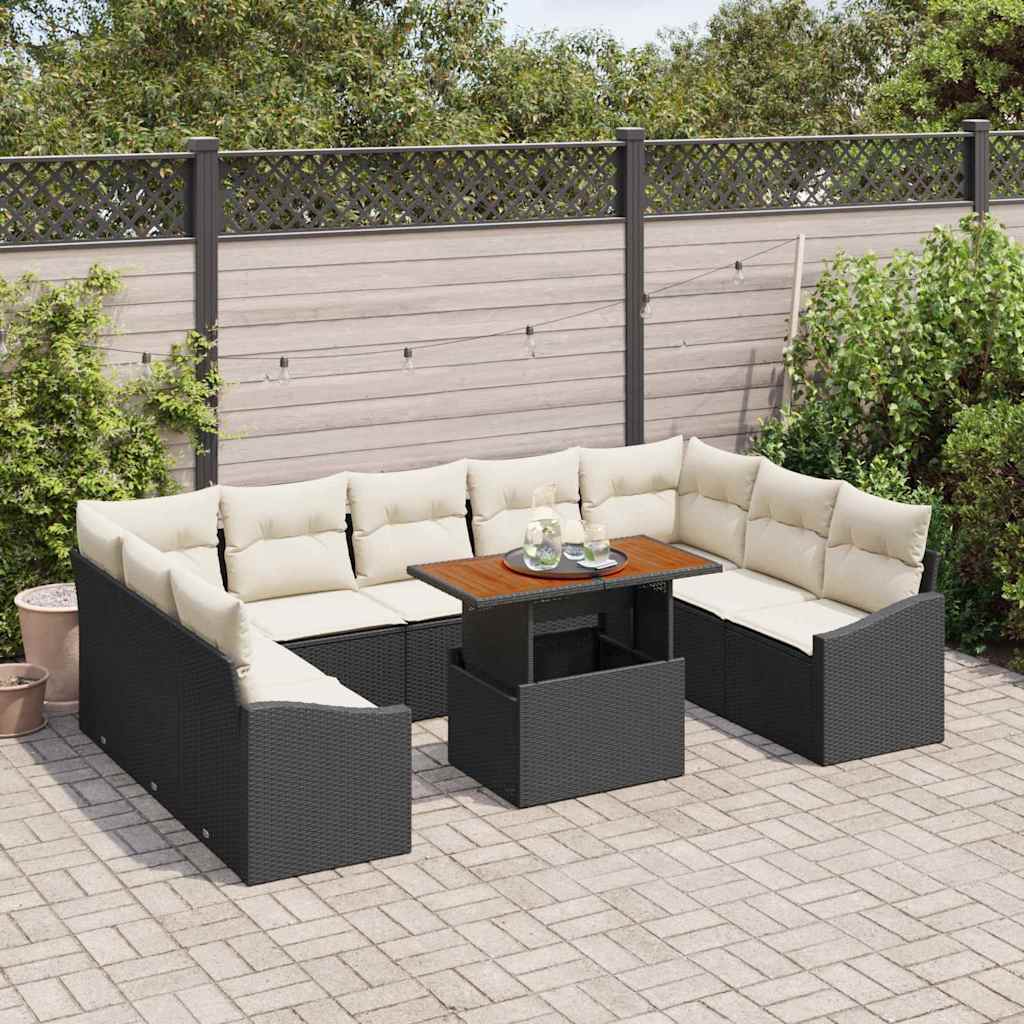10-piece garden dining set with cushions, black poly rattan and acacia wood